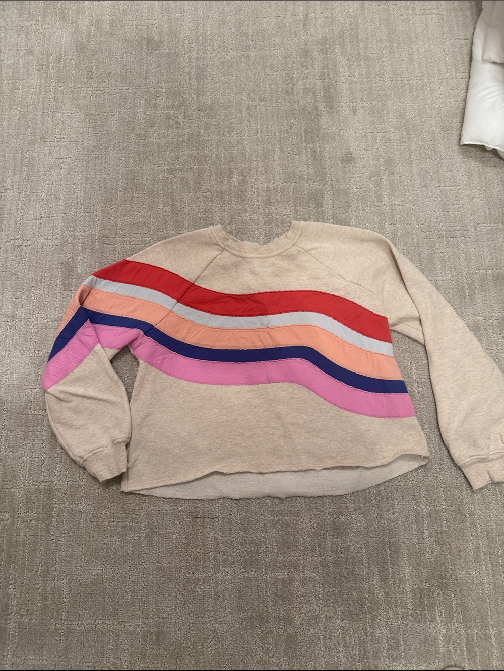 Marine Layer Beige Crewneck Sweater with Red, Coral, Navy and Pink Wave Stripes